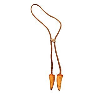 Bolo Tie Carved Tips Antler/Wood Braided Brown Leather Cord Floral Clip Vtg 16"